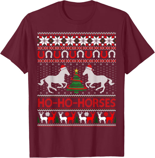 Ho Horses Xmas Ugly Christmas Sweater Equestrian T-Shirt - T-Shirt | Maroon