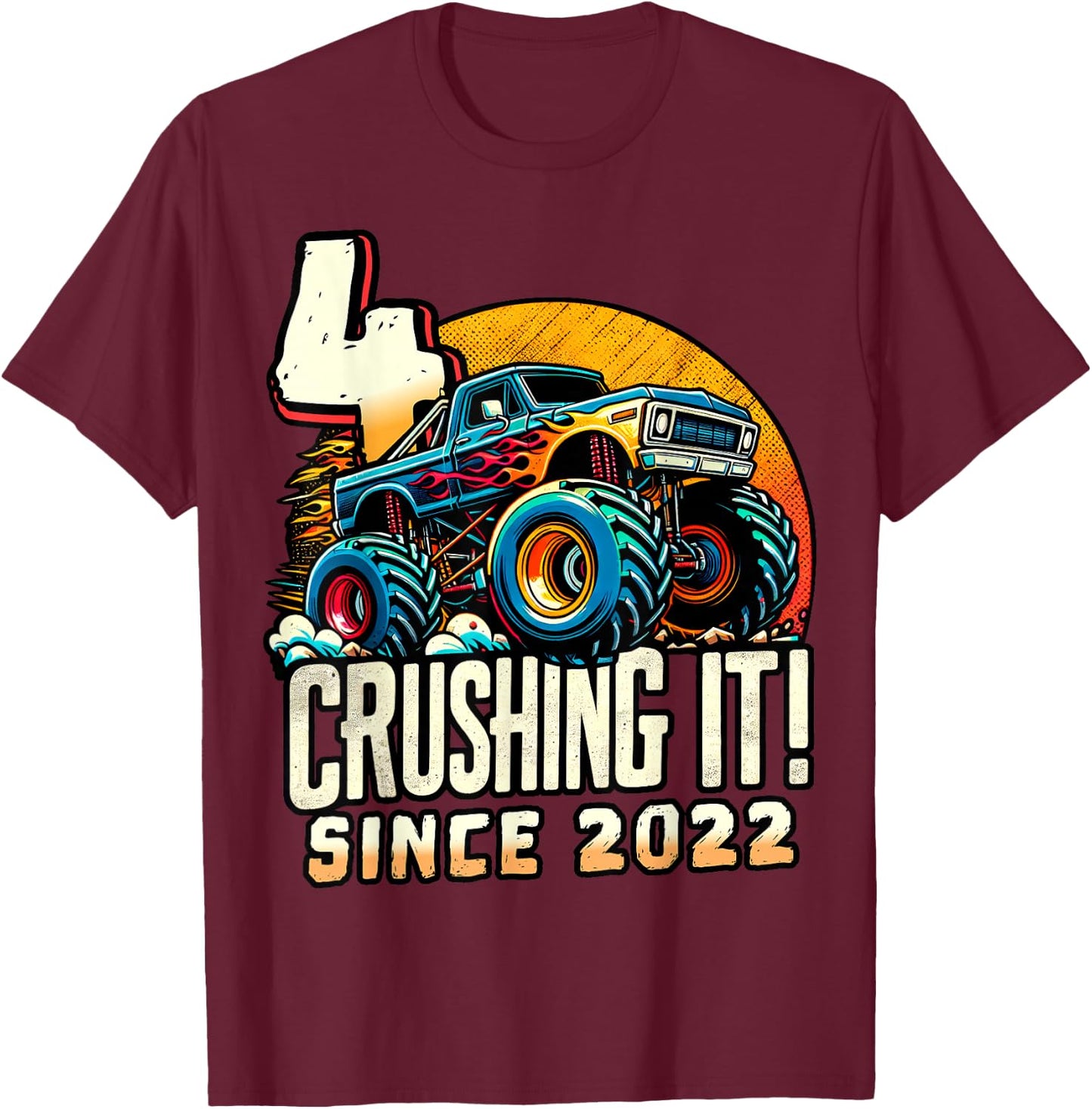 Birthday Monster Truck 4 Year Old Boys 4th Party Born 2022 T-Shirt - T-Shirt | Maroon