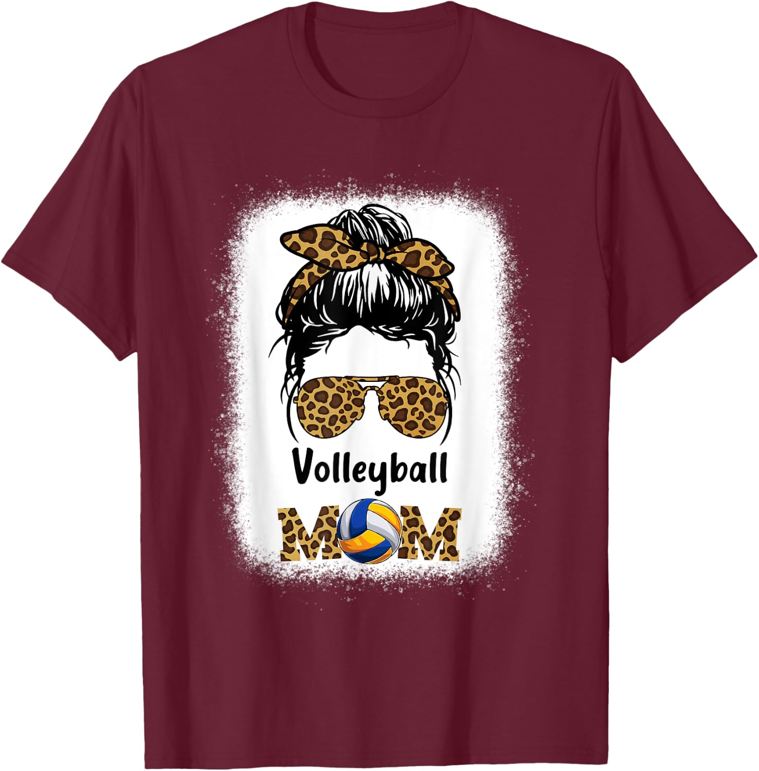 Volleyball Mom Mama Leopard Cheetah Print Bleached Women Fun T-Shirt - T-Shirt | Maroon