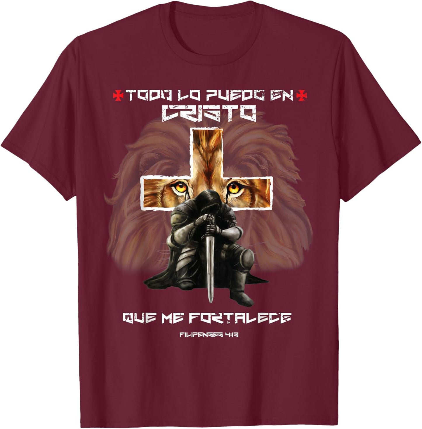 Español Spanish Christian Gifts Cross Lion Filipenses 4:13 T-Shirt - T-Shirt | Maroon