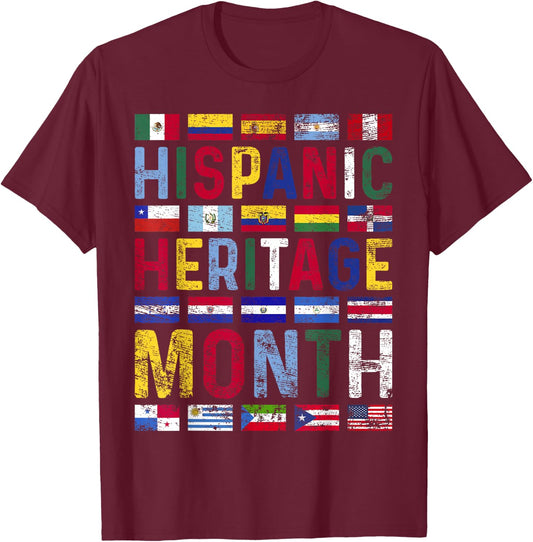Hispanic Heritage Month Vintage Latino Countries Flags T-Shirt - T-Shirt | Maroon
