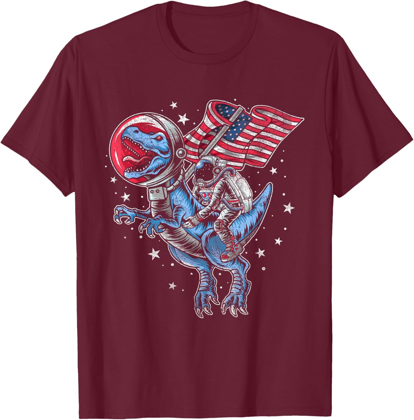 American Flag Astronaut Dinosaur Red White Blue 4th of July T-Shirt - T-Shirt | Maroon