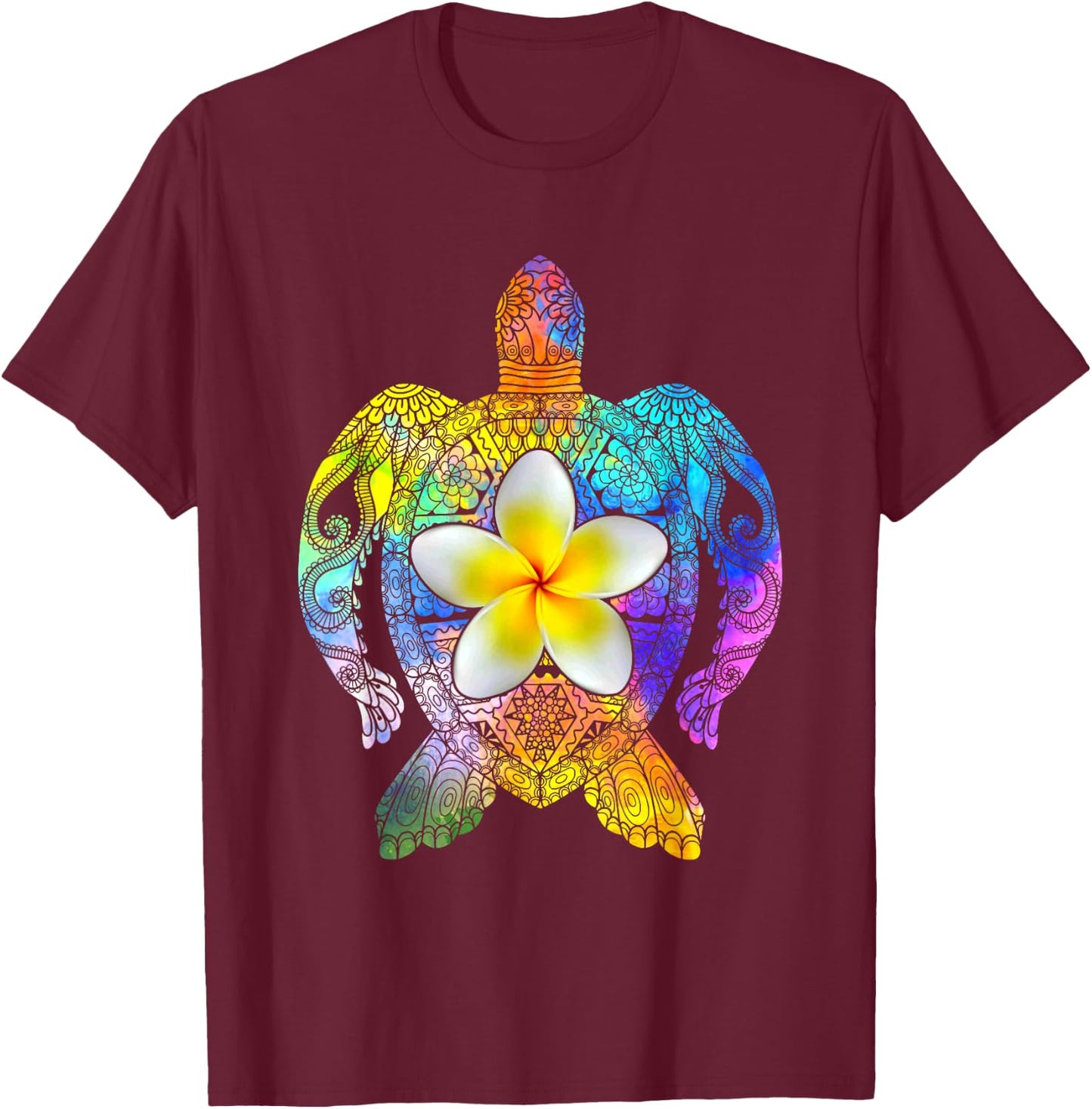 Sea Turtle Colorful Tribal Hawaiian Turtles Plumeria Flower T-Shirt - T-Shirt | Maroon
