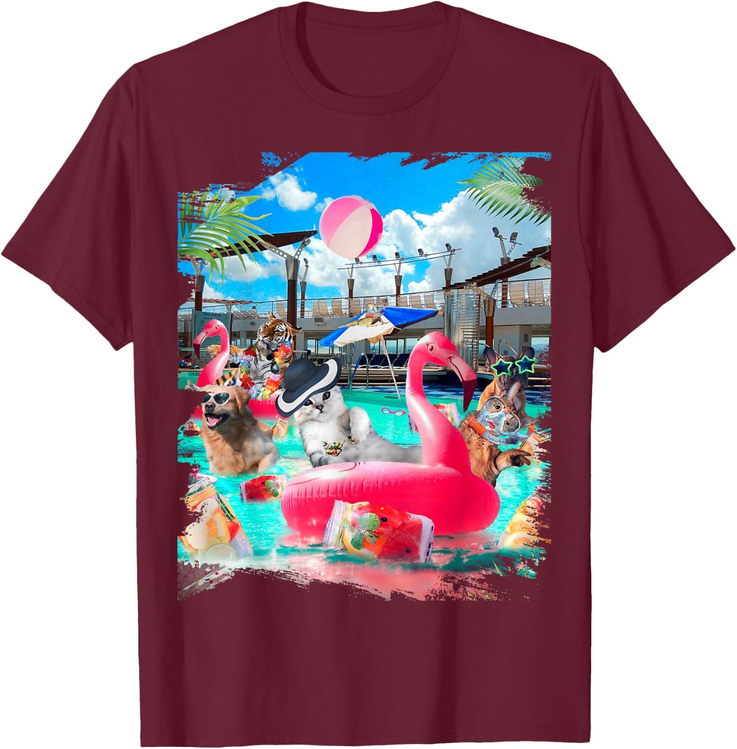 Cat Cats Tiger Dog Dogs Cruise Ship, Funny Cute Men Women Girls Kids T-Shirt - T-Shirt | Maroon