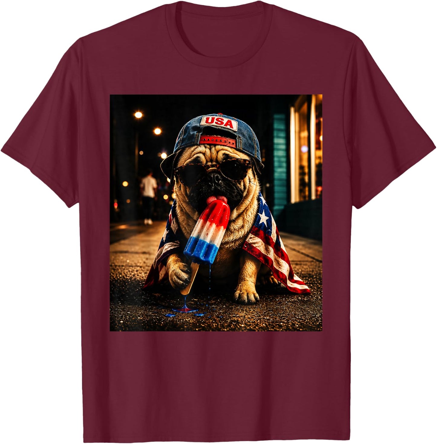 Patriotic Pug Dog with American Flag and Popsicle Art T-Shirt - T-Shirt | Maroon