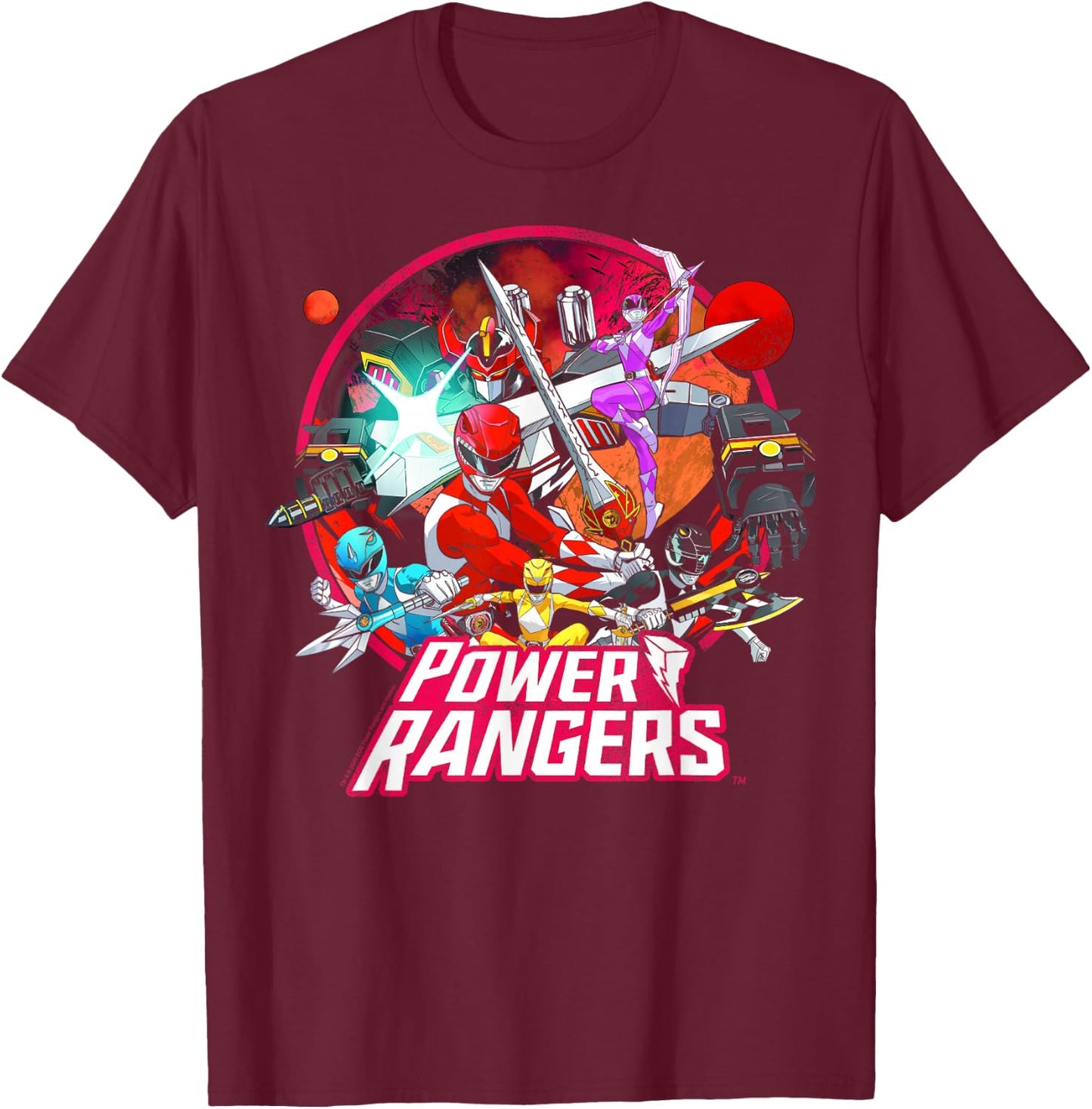 Power Rangers Vintage Comic Style Group Action Circle T-Shirt - T-Shirt | Maroon