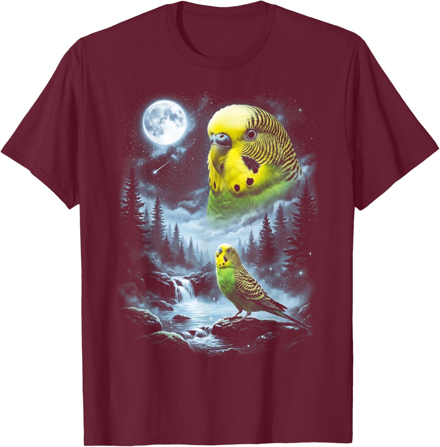 Budgie Parakeet Howling at Moon 90's Retro Bird T-Shirt - T-Shirt | Maroon