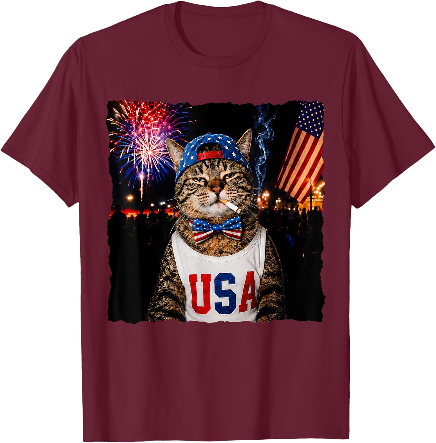 Patriotic Smoking Cat Funny 4th of July USA Flag Cat Lover T-Shirt - T-Shirt | Maroon