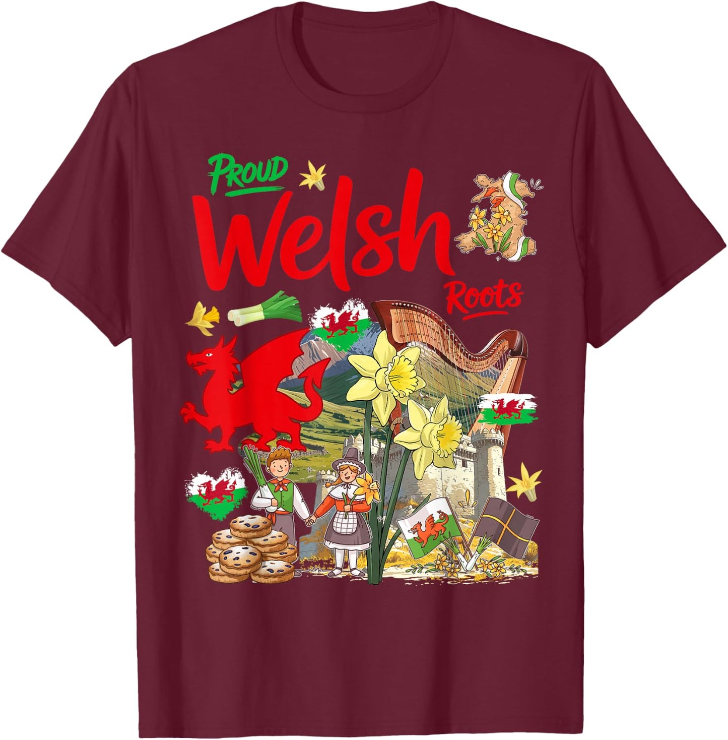 Welsh Roots Idea for Kids Wales Culture Theme with Daffodils T-Shirt - T-Shirt | Maroon