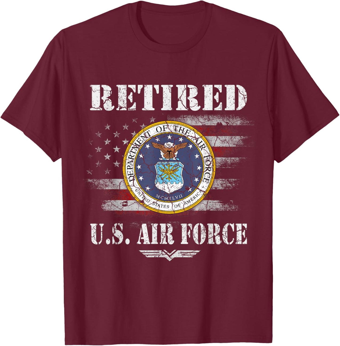 Retired US Air Force Veteran Shirt USAF Veteran Flag Vintage T-Shirt - T-Shirt | Maroon