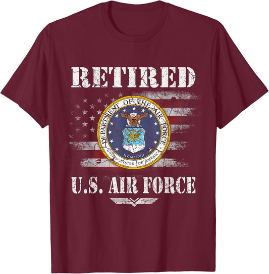 Retired US Air Force Veteran Shirt USAF Veteran Flag Vintage T-Shirt - T-Shirt | Maroon