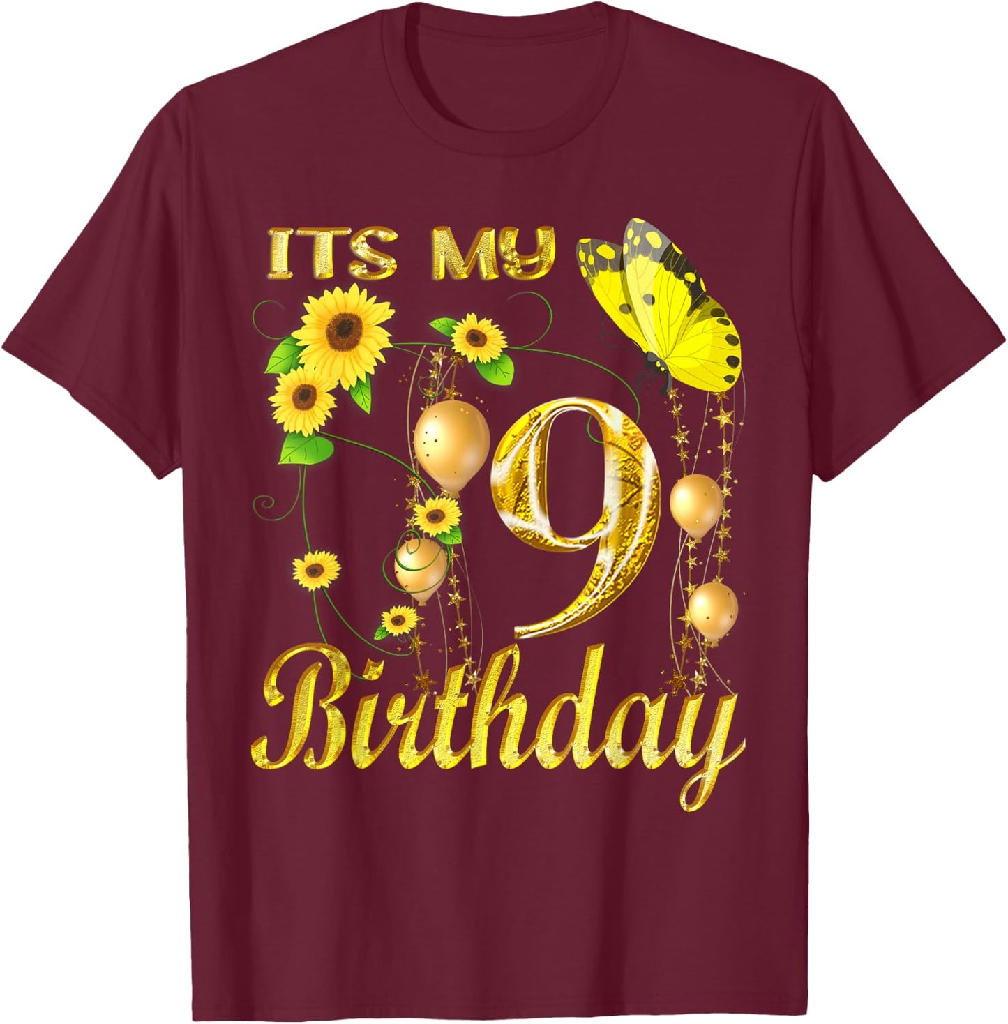 Its My 9th Birthday 9 Year Old Girl Sunflower Butterfly T-Shirt - T-Shirt | Maroon