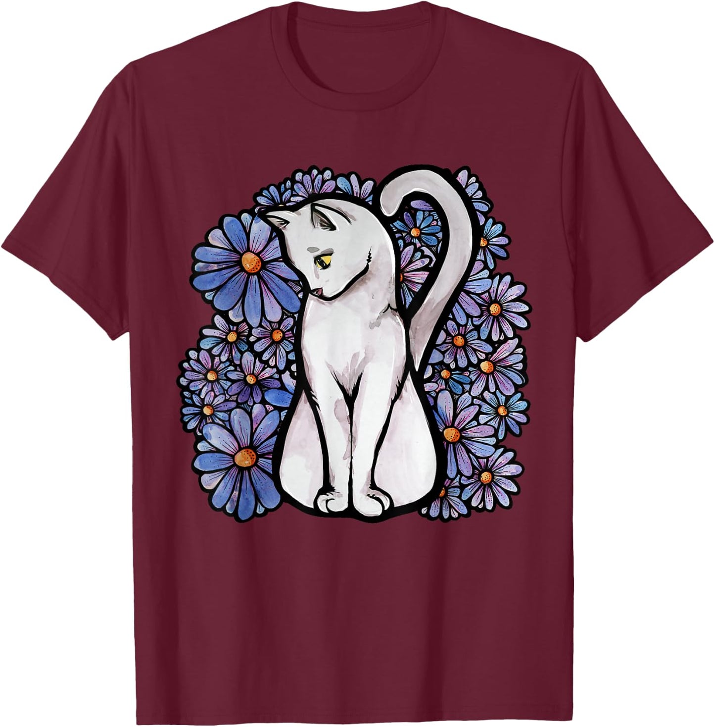 White Cats Kitty Cat Flower Garden T-Shirt - T-Shirt | Maroon