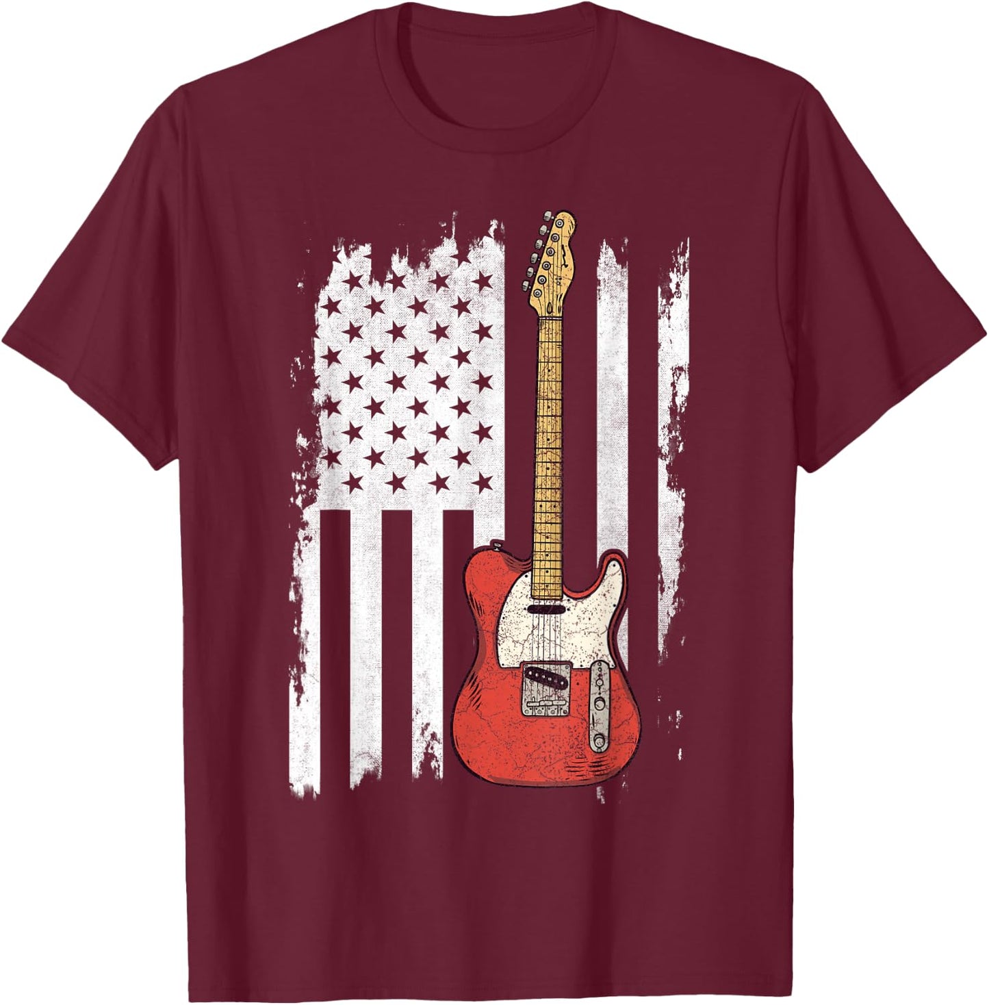 Lets Rock Rock n Roll Guitar Retro USA Flag Music T-Shirt - T-Shirt | Maroon