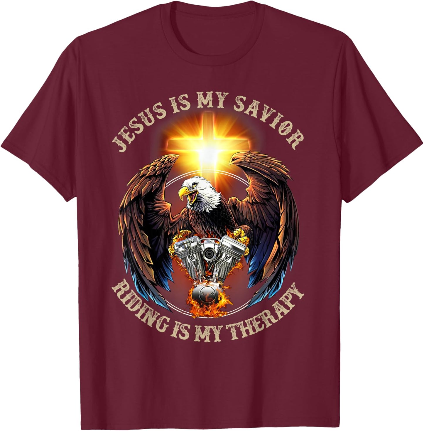 Jesus Is My Savior Riding Is My Therapy Jesus Motorcycle T-Shirt - T-Shirt | Maroon