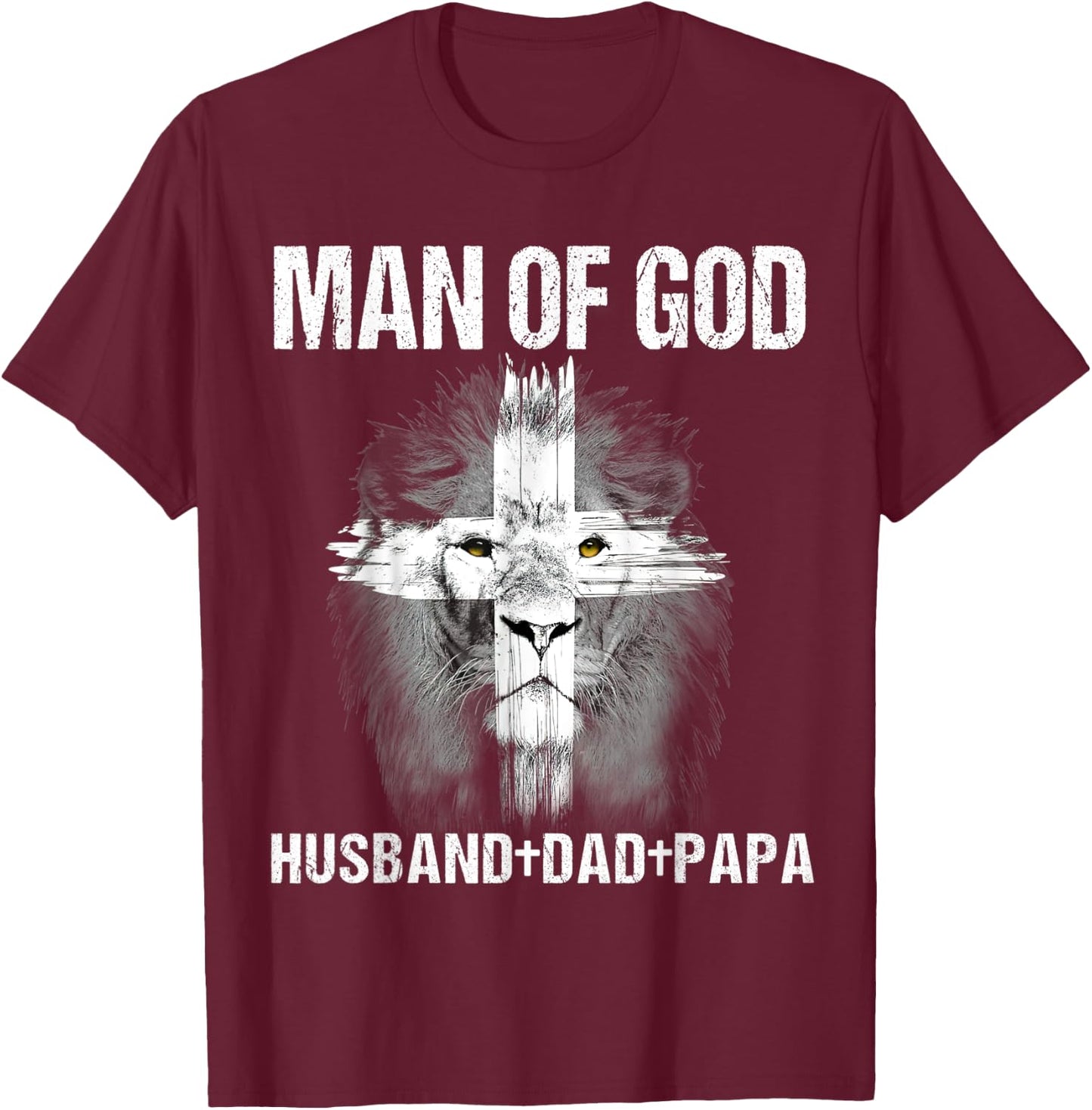 Man of God Husband Dad Papa Lion Cross Jesus Christian Gift T-Shirt - T-Shirt | Maroon
