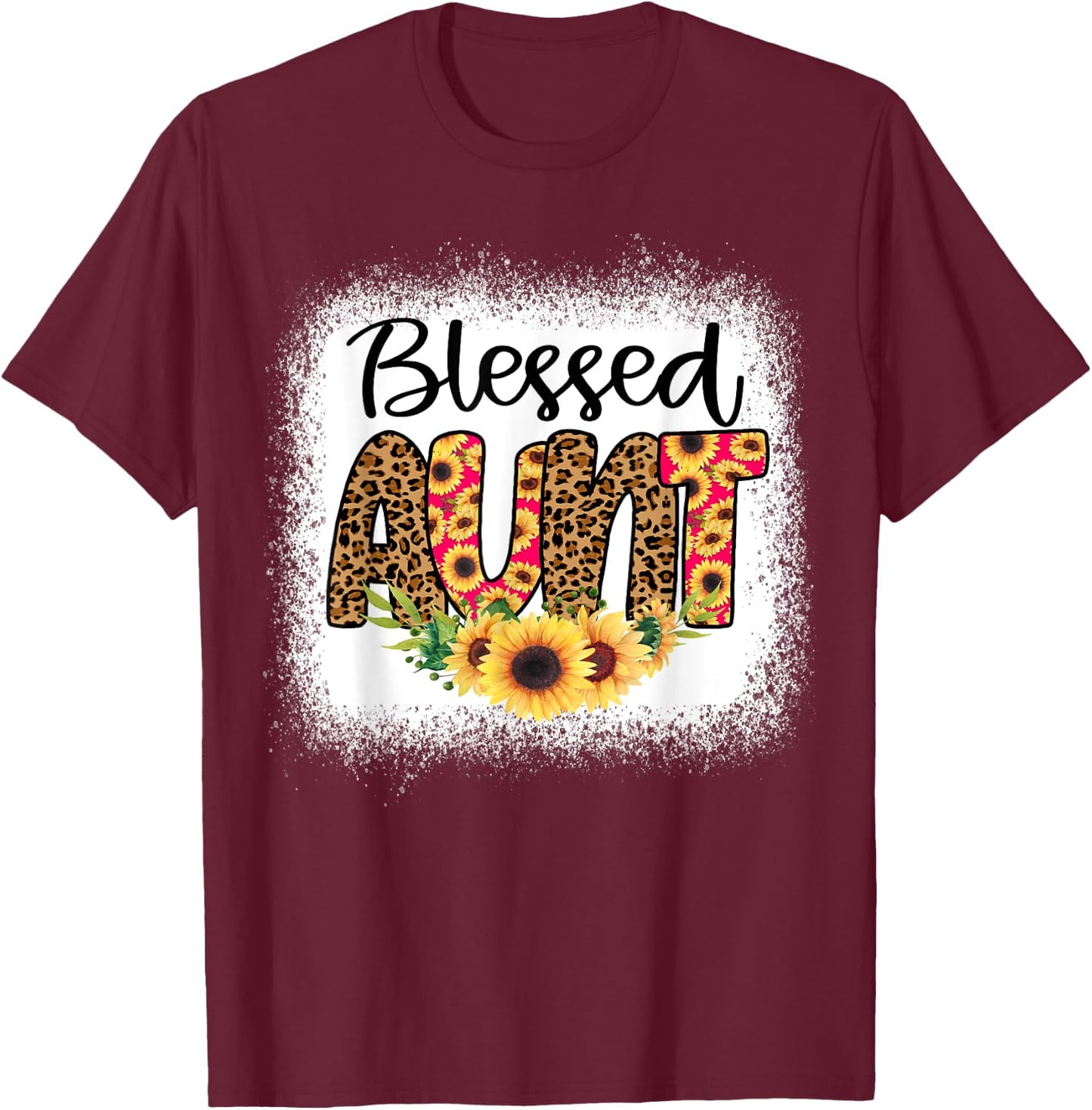 Blessed Aunt Women Bleached Cheetah Print Sunflowers Auntie T-Shirt - T-Shirt | Maroon