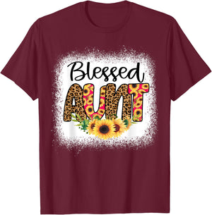 Blessed Aunt Women Bleached Cheetah Print Sunflowers Auntie T-Shirt - T-Shirt | Maroon