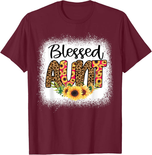 Blessed Aunt Women Bleached Cheetah Print Sunflowers Auntie T-Shirt - T-Shirt | Maroon