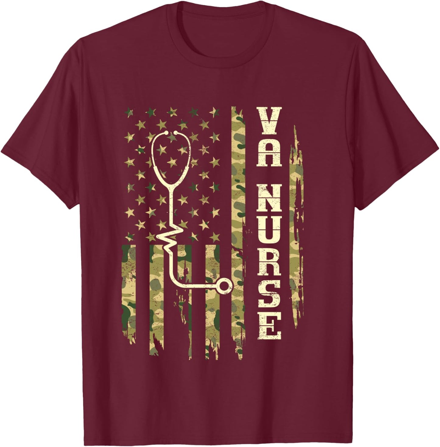 VA Nurse Camouflage American Flag Patriotic Medical Worker T-Shirt - T-Shirt | Maroon