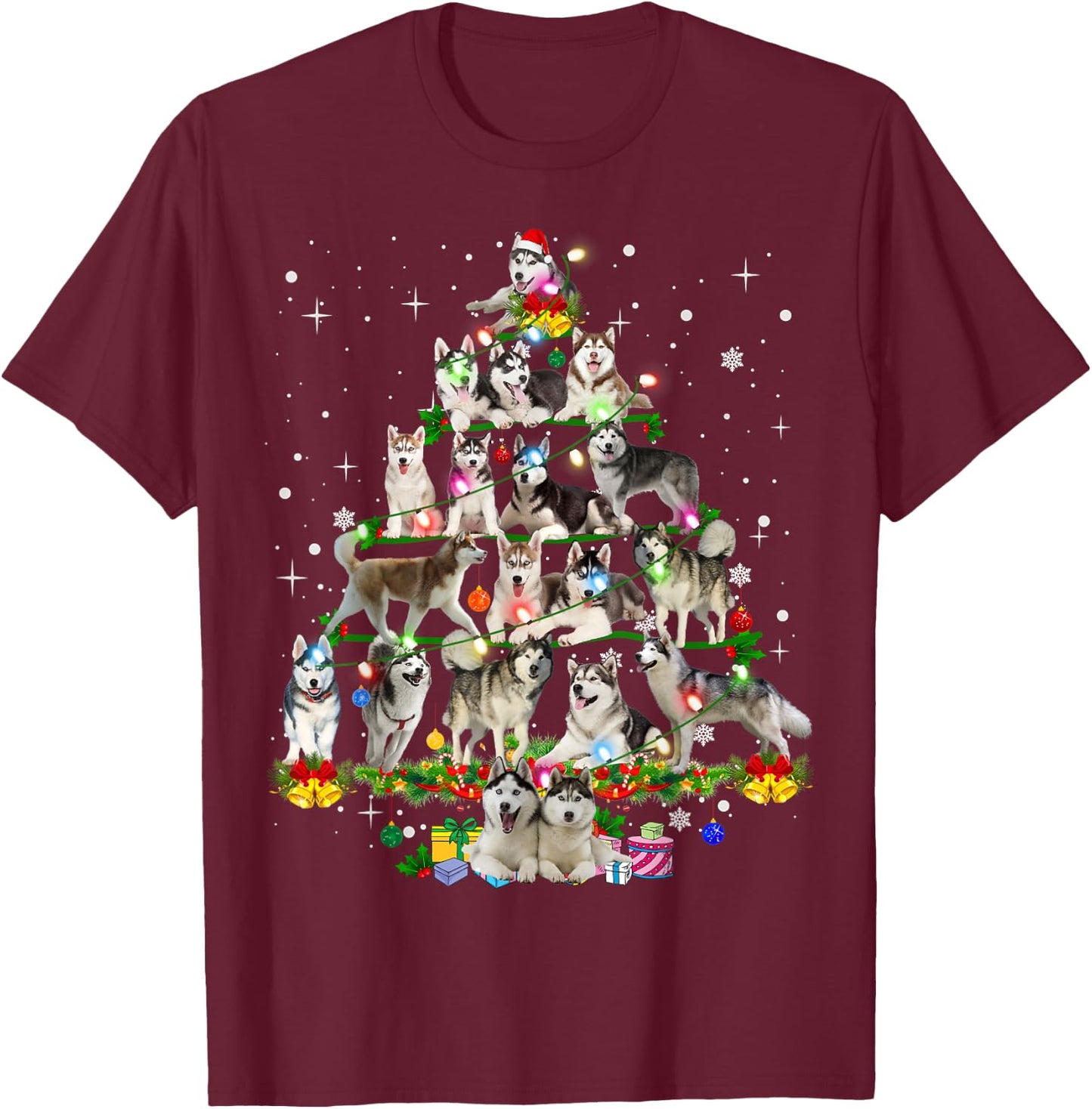 Funny Siberian Husky Christmas Tree Xmas Dog Dad Mom T-Shirt - T-Shirt | Maroon
