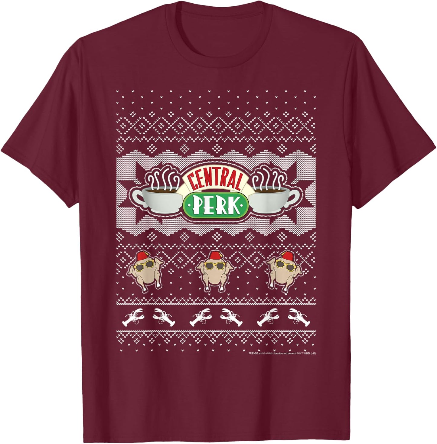 Friends Christmas Central Perk Ugly Sweater Style T-Shirt - T-Shirt | Maroon