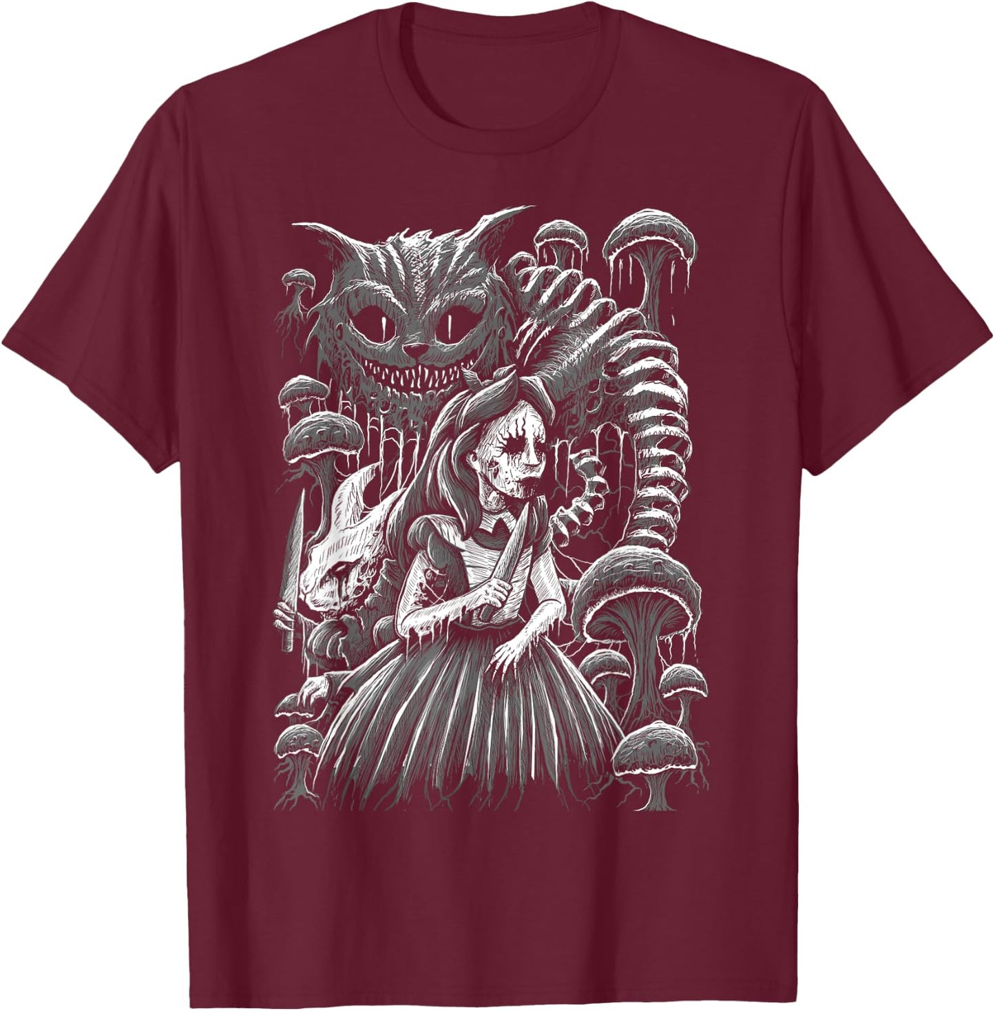 Alice In Wonderland Cheshire Cat Murderland Malice Rabbit T-Shirt - T-Shirt | Maroon