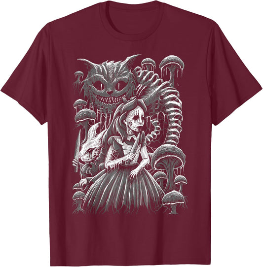 Alice In Wonderland Cheshire Cat Murderland Malice Rabbit T-Shirt - T-Shirt | Maroon