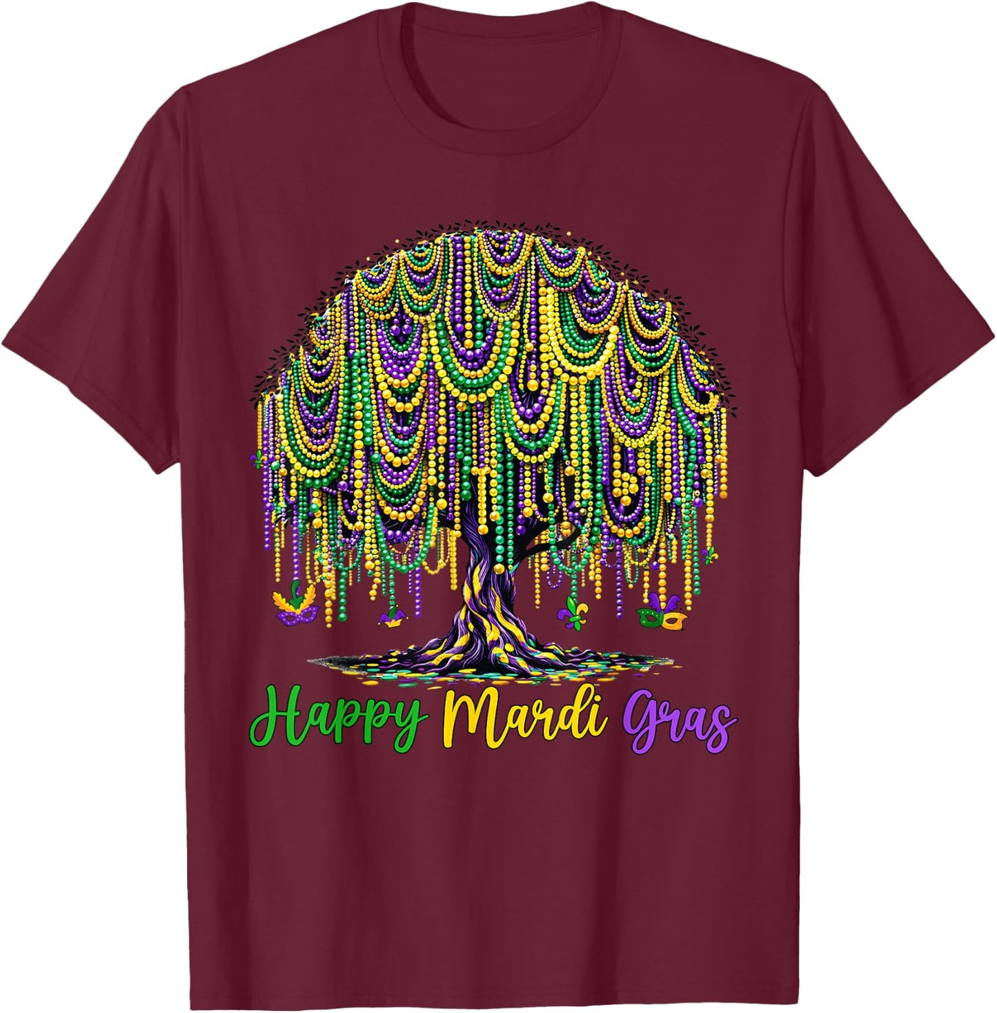 Mardi Gras Beads Tree Carnival New Orleans 2026 Men Women T-Shirt - T-Shirt | Maroon