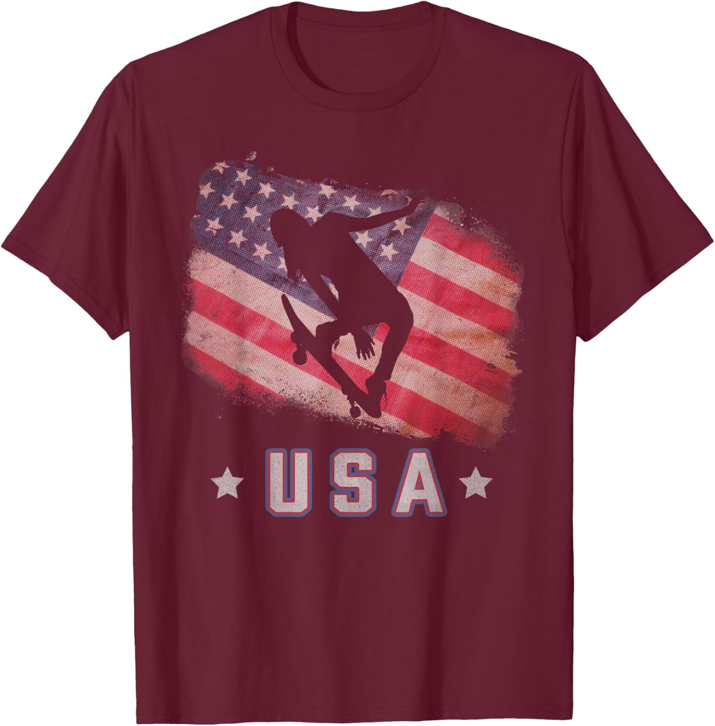 USA American Flag Skateboarding Team Stars and Stripes US T-Shirt - T-Shirt | Maroon