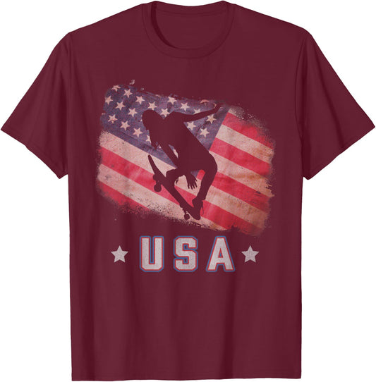 USA American Flag Skateboarding Team Stars and Stripes US T-Shirt - T-Shirt | Maroon