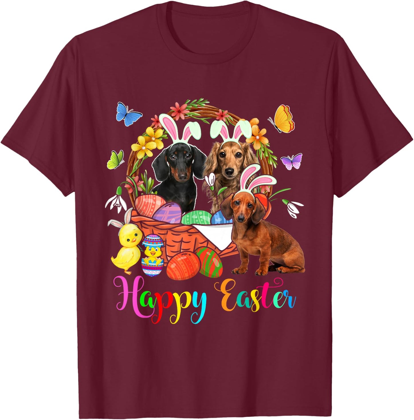 Three Bunny Dachshund Dogs In Easter Eggs Basket T-Shirt - T-Shirt | Maroon