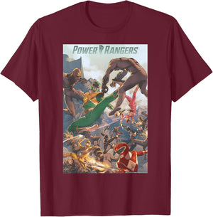 Power Rangers Morph Group Shot Filled Text Logo T-Shirt - T-Shirt | Maroon
