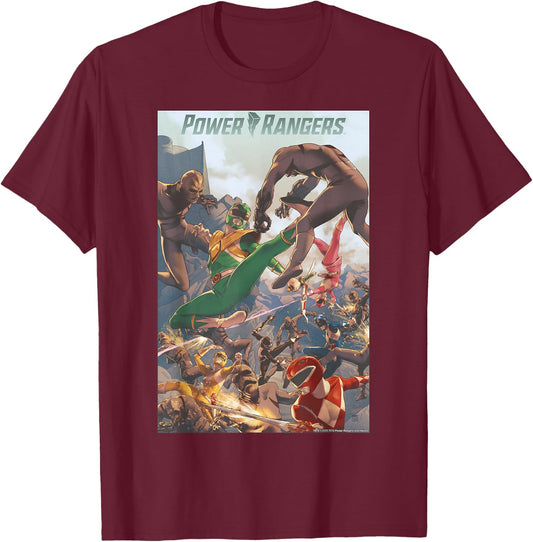 Power Rangers Morph Group Shot Filled Text Logo T-Shirt - T-Shirt | Maroon