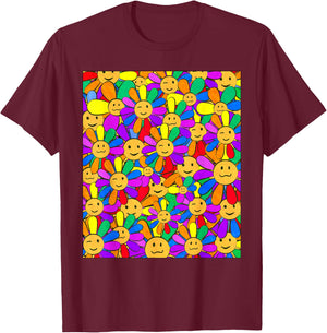 Kidcore Aesthetic Smiling Flowers Cute Kawaii Face Retro T-Shirt - T-Shirt | Maroon