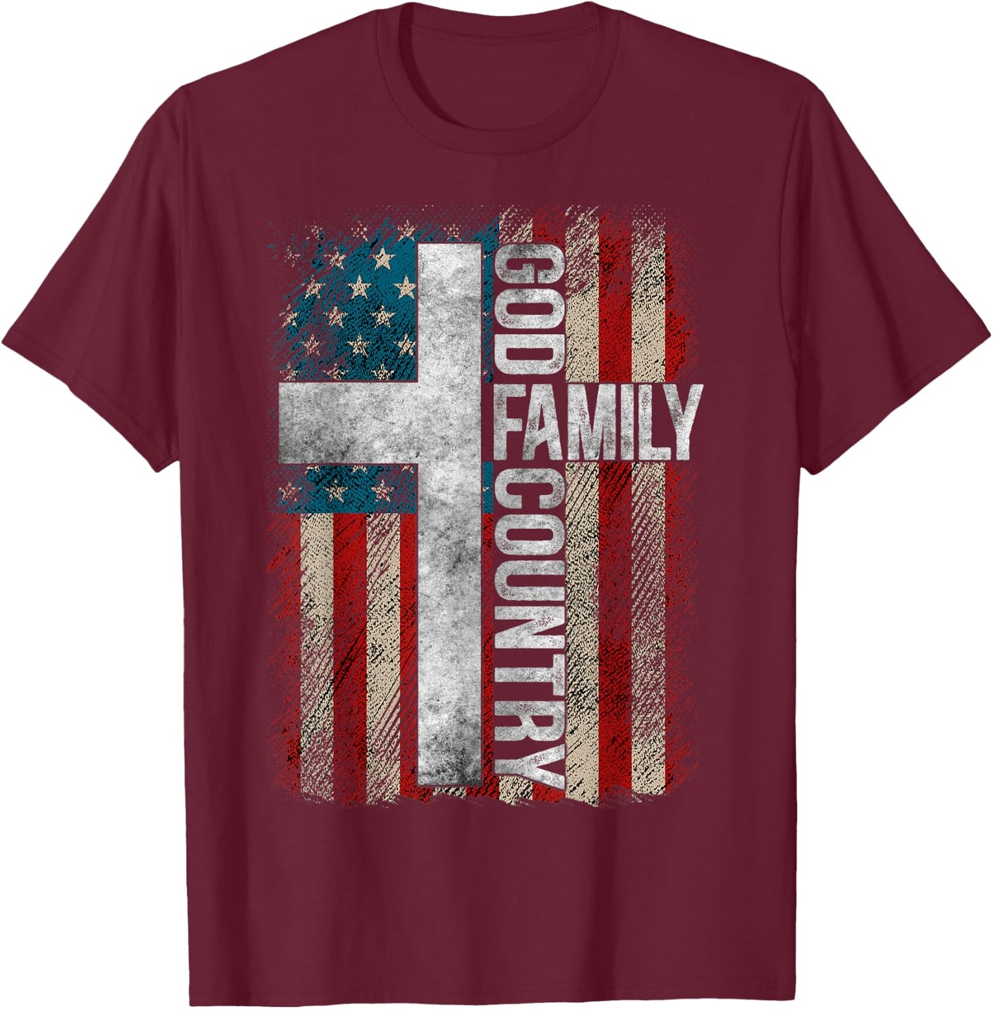 God Family Country - Patriotic Christian Cross USA Women Men T-Shirt - T-Shirt | Maroon
