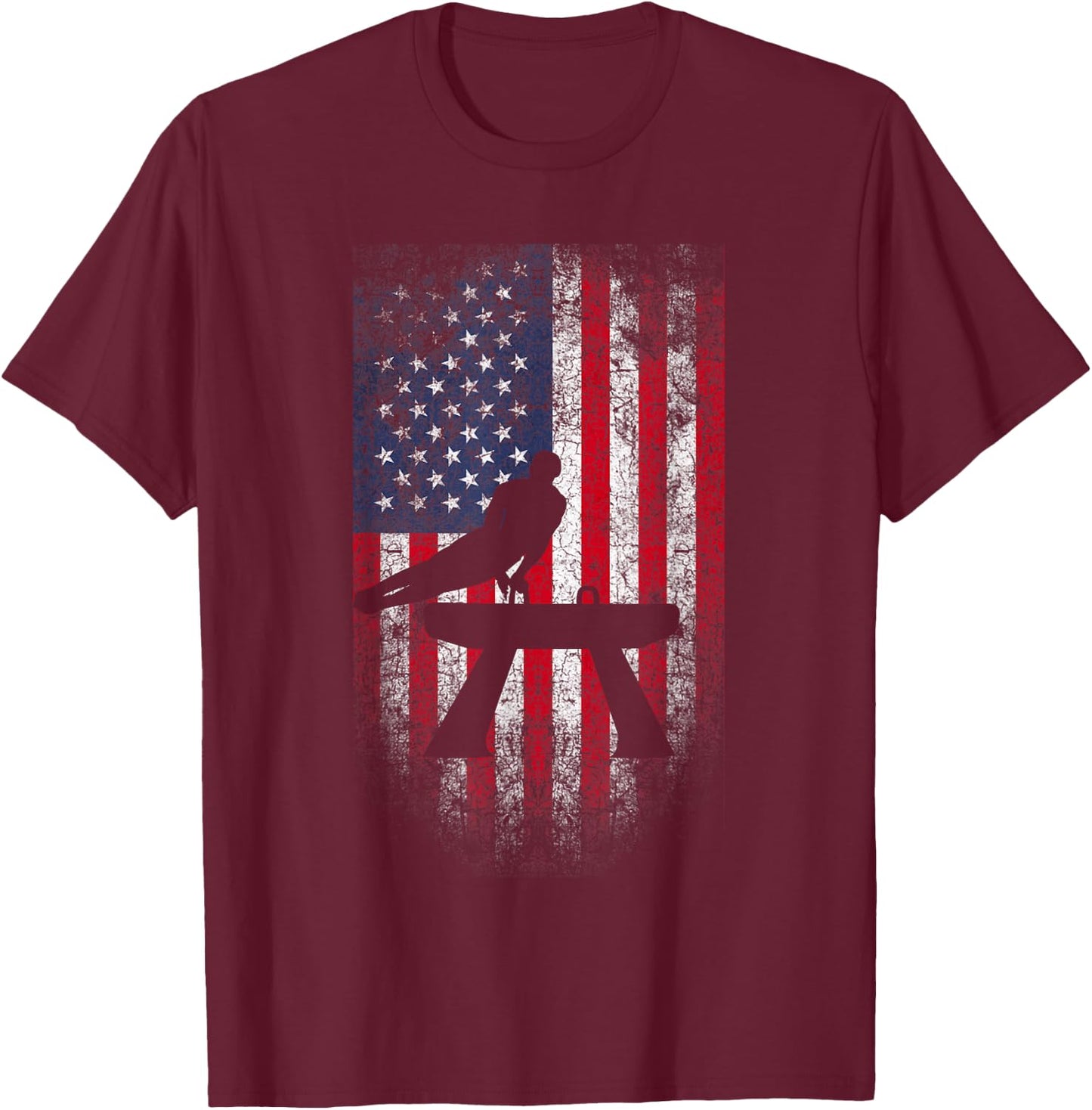 Gymnastics Pommel Horse USA American Flag Vintage Sports Women Kids Men T-Shirt - T-Shirt | Maroon