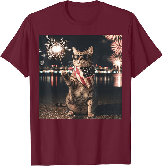 Patriotic Cat American Flag Fireworks 4th of July T-Shirt - T-Shirt | Maroon