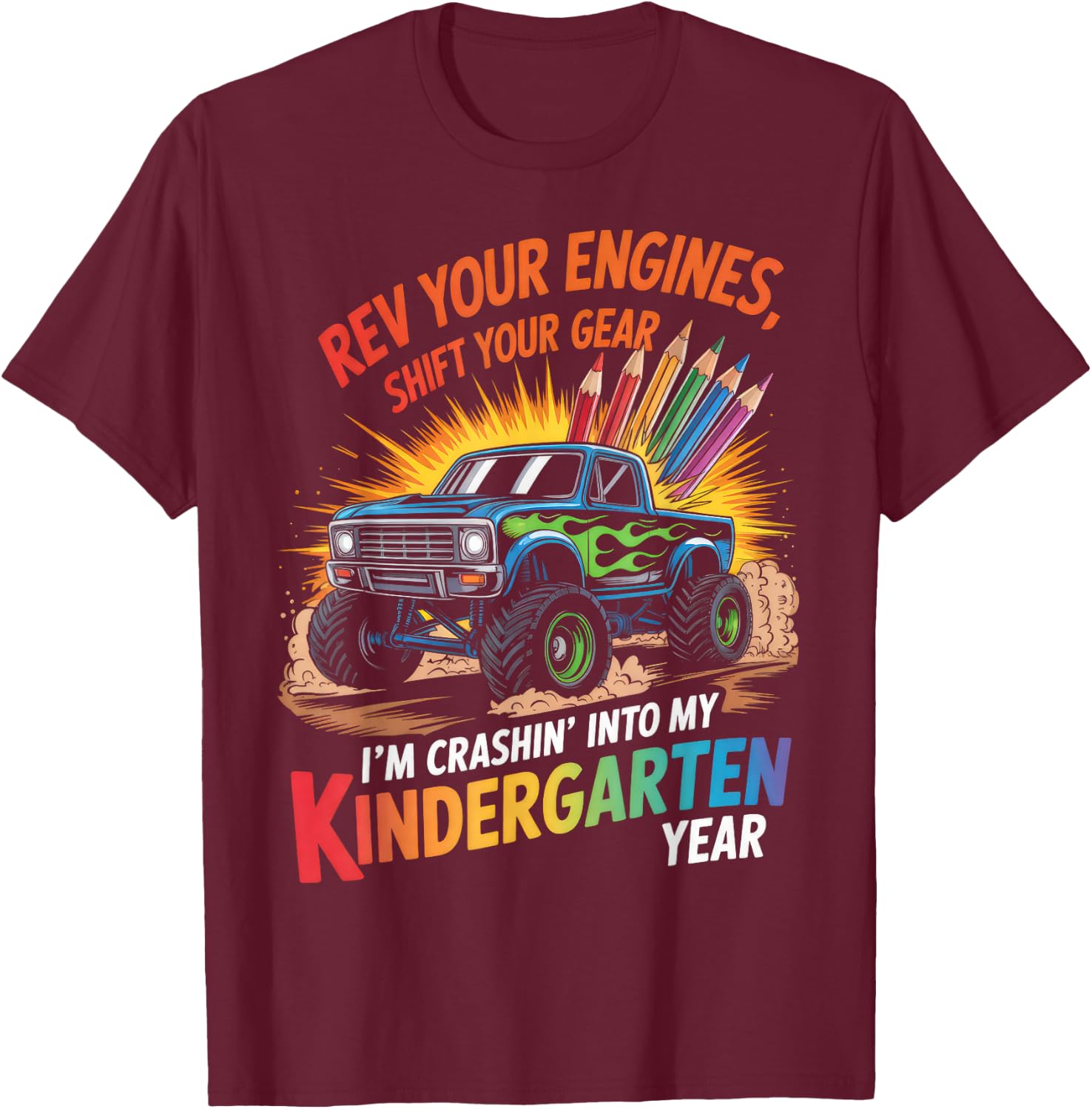 Back to School Kindergarten Monster Truck First Day Boys T-Shirt - T-Shirt | Maroon