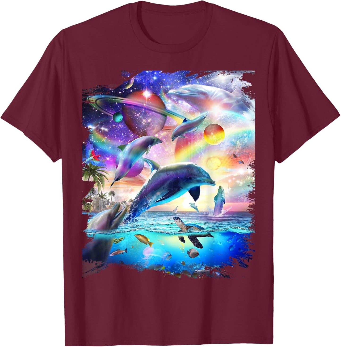 Space Dolphin Galaxy Dolphins Rainbow T-Shirt - T-Shirt | Maroon