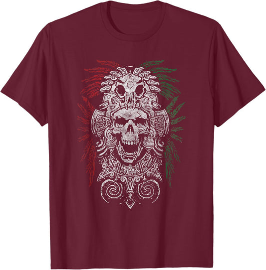 Ancient Aztec King Mexican Skull Mayas Mask Calavera Azteca T-Shirt - T-Shirt | Maroon