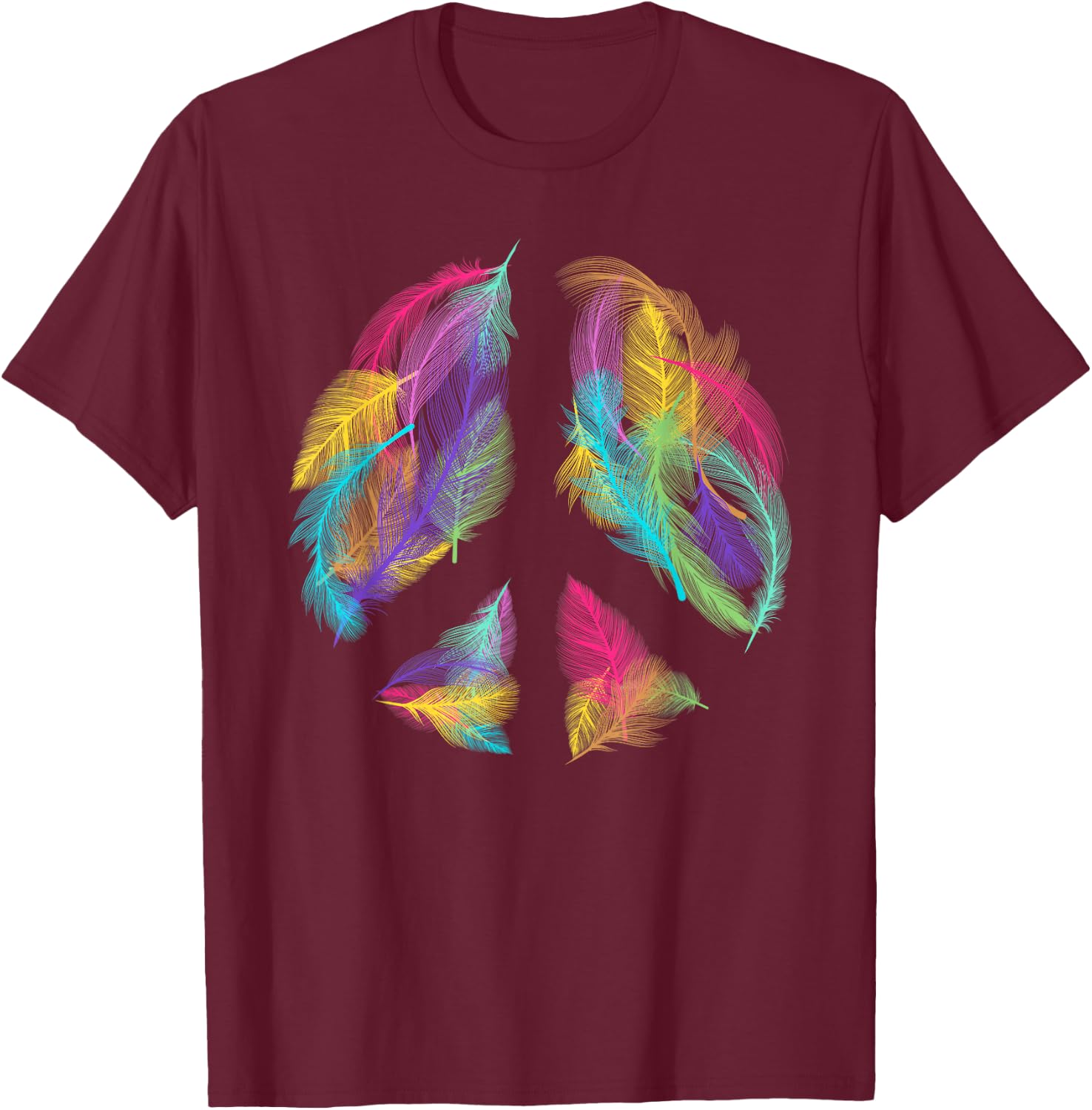 Peace Sign Colorful Feathers Hippie Peace Symbol Retro T-Shirt - T-Shirt | Maroon