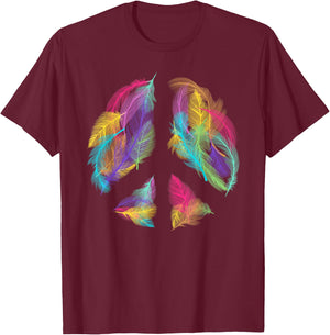 Peace Sign Colorful Feathers Hippie Peace Symbol Retro T-Shirt - T-Shirt | Maroon