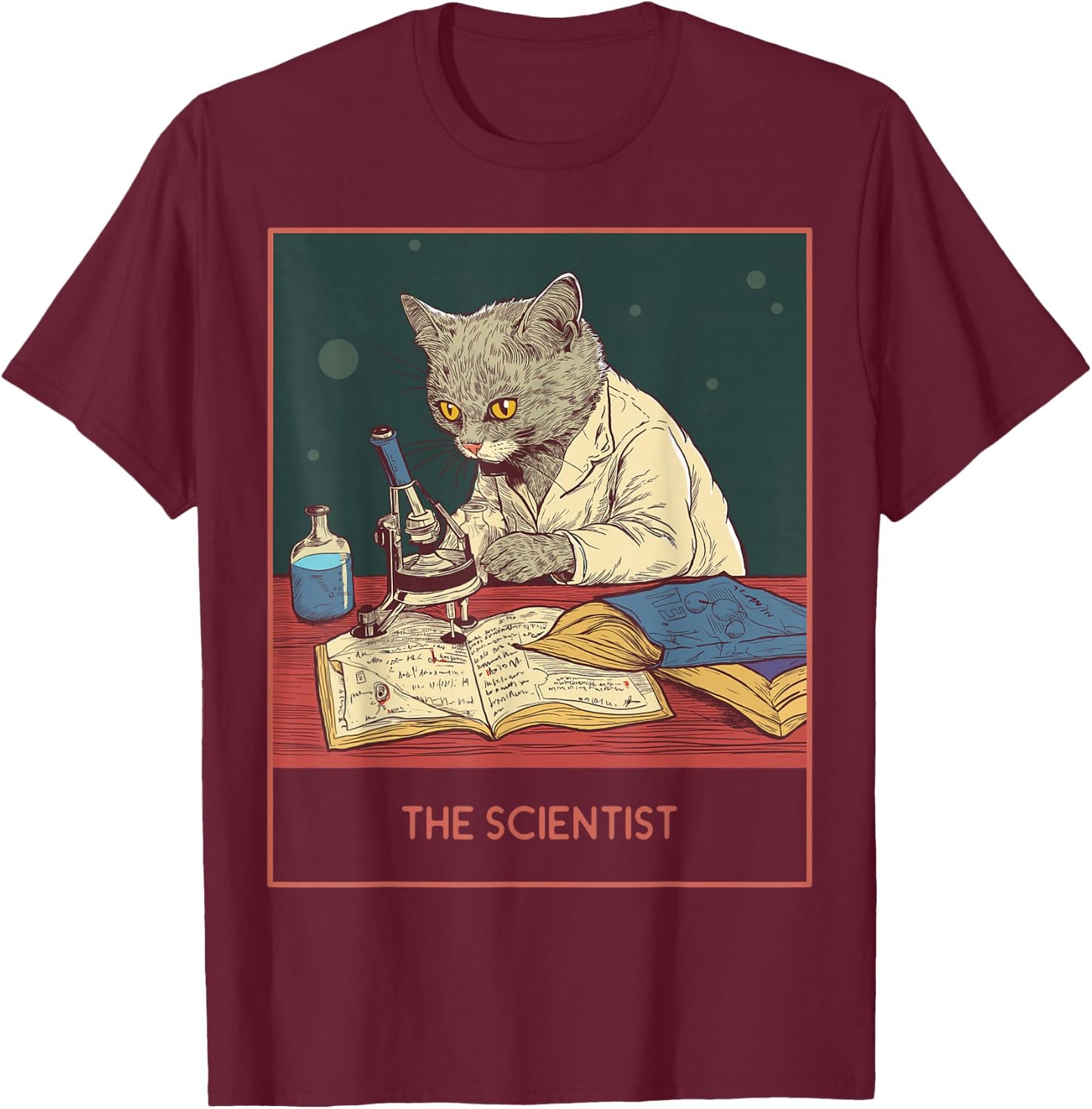 The cat laboratory science, fun white lab coat cat T-Shirt - T-Shirt | Maroon