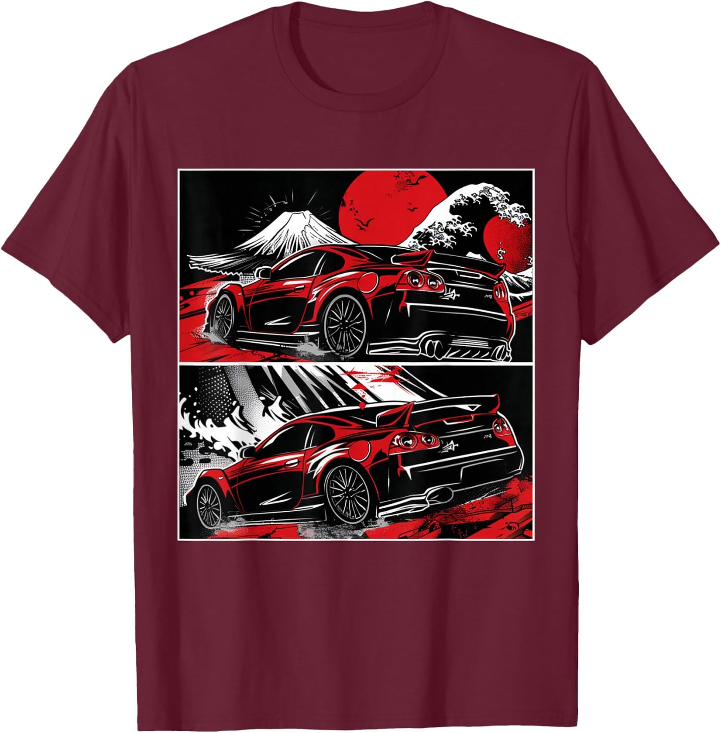 Japanese JDM Race Car Comic Style Great Wave Graphic T-Shirt - T-Shirt | Maroon