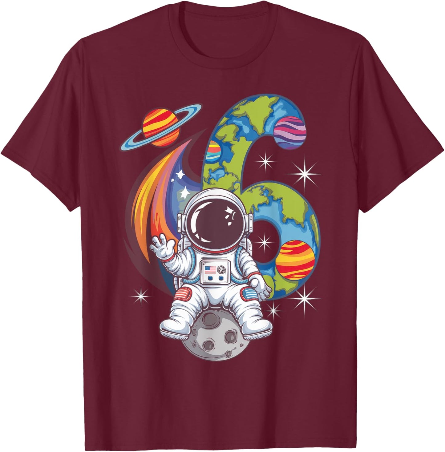 Planets Astronaut Birthday Kids 6th Birthday T-Shirt - T-Shirt | Maroon