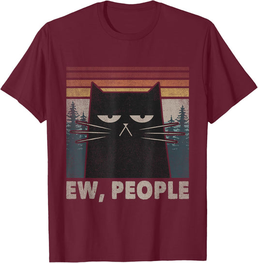 Retro Ew People Black Cat Funny Anti Social Introvert T-Shirt - T-Shirt | Maroon