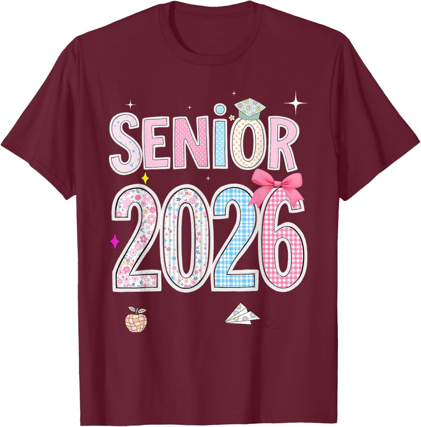 Back To School Senior 2026 Pastel Floral Graduation Bow Cap T-Shirt - T-Shirt | Maroon