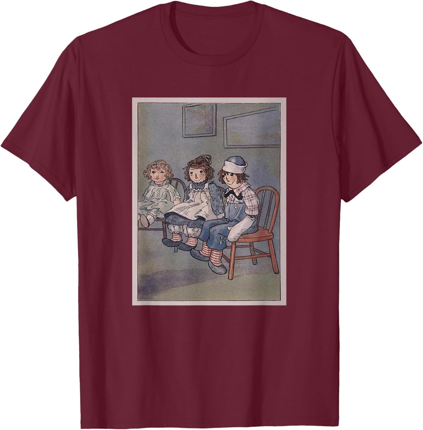 Raggedy Ann, Andy and a Doll Sitting in Chairs (1920) T-Shirt - T-Shirt | Maroon