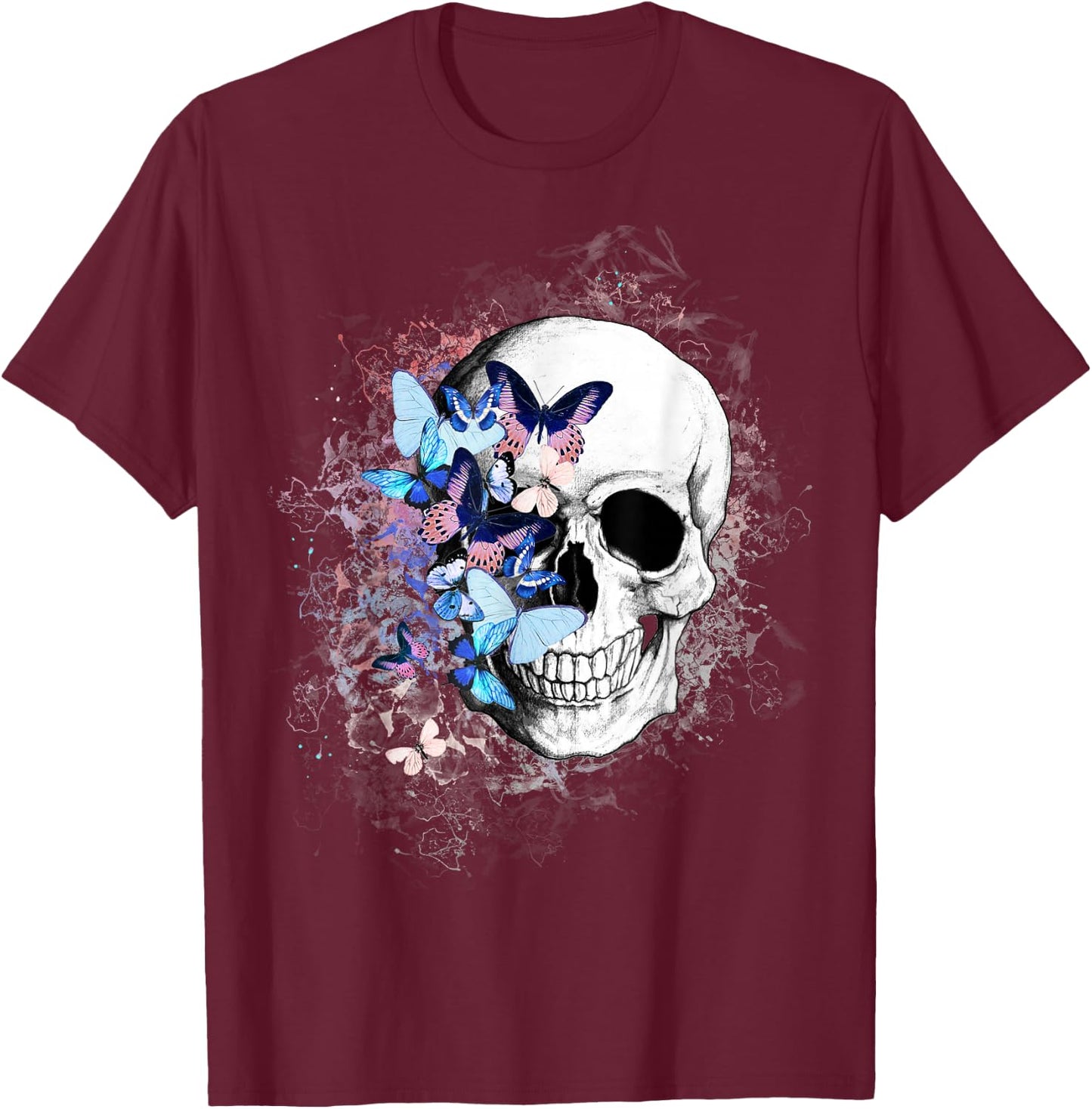 Skull with colorful butterflies, anatomy art T-Shirt - T-Shirt | Maroon